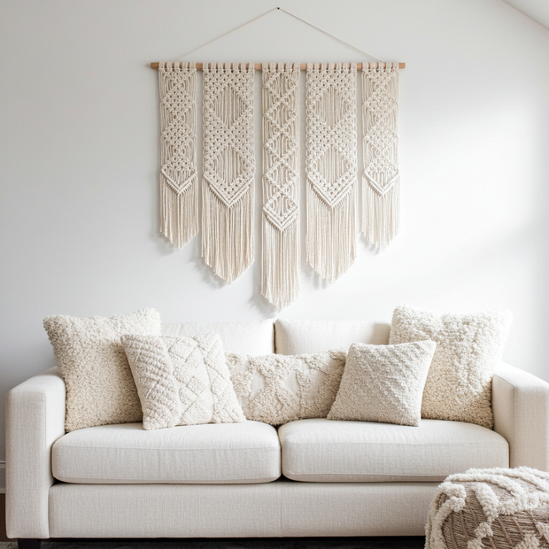 White sofa with textured cushions and a macrame wall hanging in a minimalistic living room.