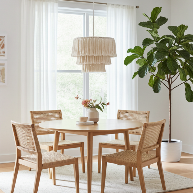 Dining table with tassel lampshade above