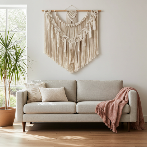 large modern macrame wall hanging above sofa in a living room