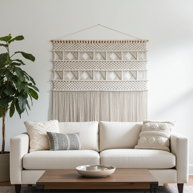 Living room with a beige sofa, decorative pillows, and a large macrame wall hanging.