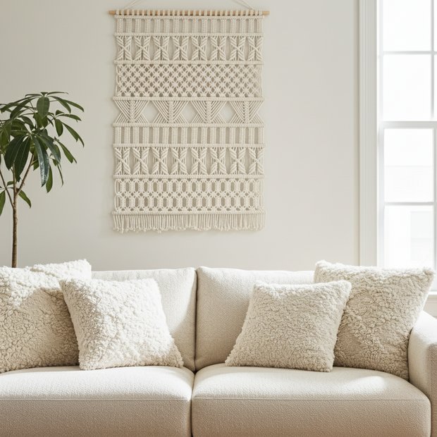 Beige sofa with textured cushions and a macrame wall hanging in a bright room.