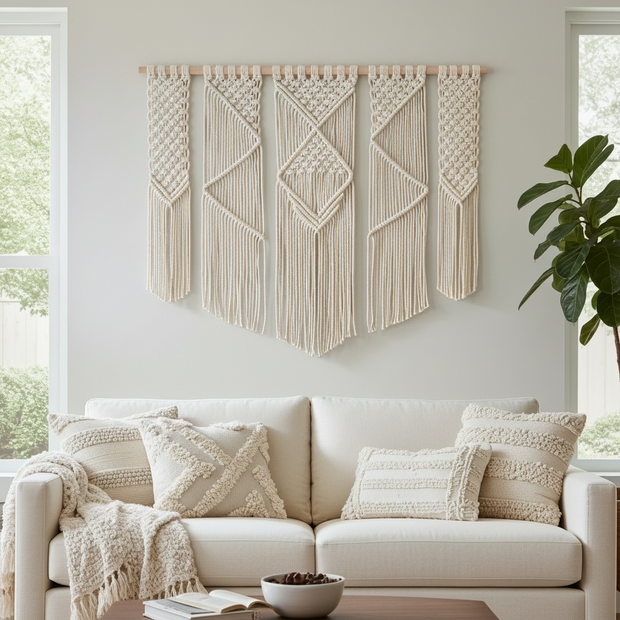 Living room with a white sofa, decorative pillows, and macrame wall art.