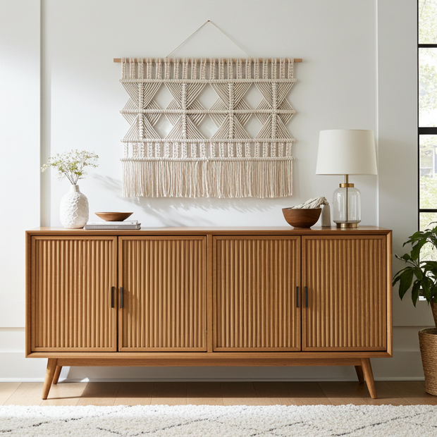 Wooden sideboard in a room with modern boho macrame wall decoration handmade in uk
